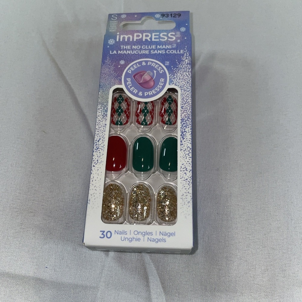 imPRESS Press-On Manicure Holiday Red Green Gold Glitter Short Nails 30ct 93129